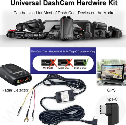 Miniatura 2 de Kit de cable duro para cámara de salpicadero de automóvil, cargador USB tipo C, kit de cable duro para cámara de salpicadero DC 12-24V a 5V/3A