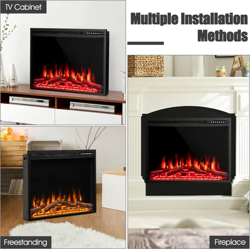 Miniatura 7 de COSTWAY Chimenea eléctrica de 37 pulgadas, calentador de chimenea empotrado y montado en la pared con 4 colores de llama y tronco, velocidad