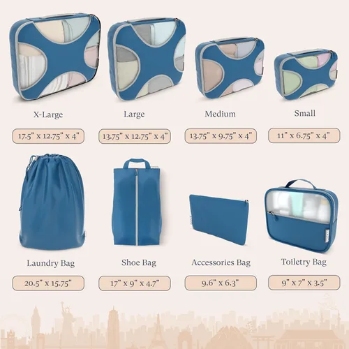 Miniatura 4 de Shacke Juego de 8 cubos de equipaje de alta calidad, organizadores de equipaje de viaje de malla ligera con bolsa de lavandería, sistema