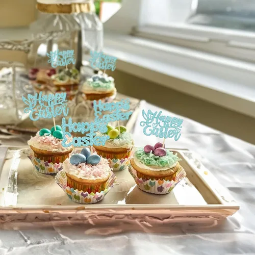 Miniatura 7 de Gyufise Paquete de 24 adornos azules con purpurina para cupcakes de Pascua con orejas de conejo de Pascua, decoraciones para fiesta de Pascua
