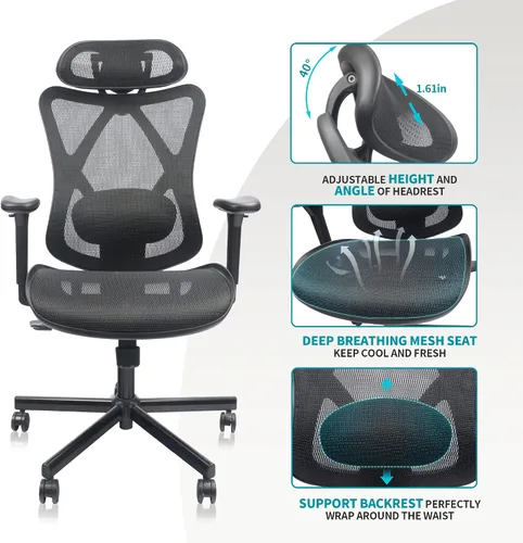 Miniatura 5 de Silla de oficina de malla ergonómica, silla de escritorio de altura ajustable, respaldo alto, silla de oficina de malla con patas de rueda, soporte