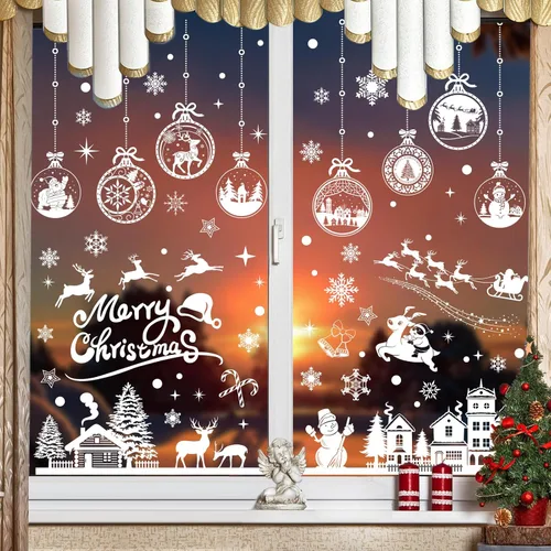 Miniatura 2 de Enwokran Calcomanías blancas para ventana de Navidad, 10 hojas, 245 unidades, calcomanías reutilizables de doble cara impresas autoadhesivas