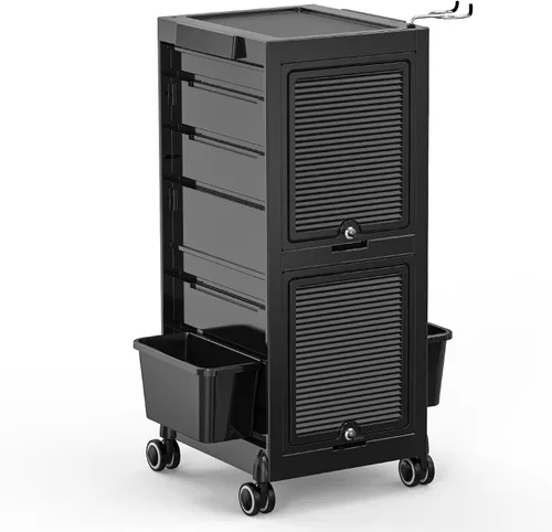 Miniatura 9 de OmySalon Carrito de peluquería, estación de estilista con 2 puertas con cerradura, organizador de carrito de pelo rodante con cajones y cubo