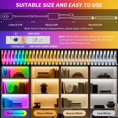 Miniatura 2 de RGBWW+IC - Tira de luces LED de 50 pies, regulable multicolor + 3000K-6500K luces LED con control remoto y aplicación, cinta LED autoadhesiva