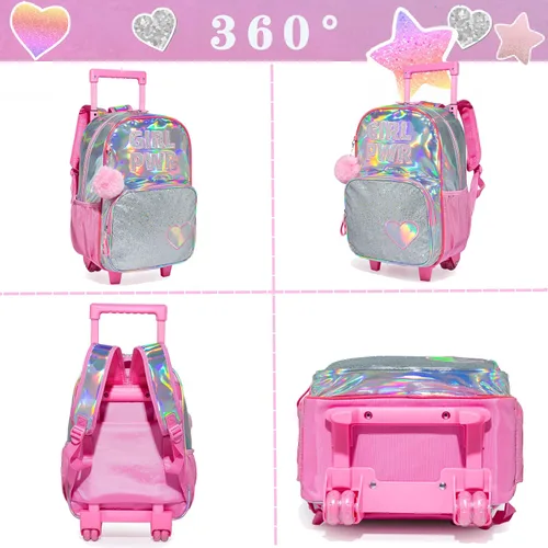 Miniatura 3 de HTgroce Mochila con ruedas para niñas, mochila escolar con ruedas, bolsa escolar con bolsa de almuerzo y bolsa para lápices, mochila con ruedas