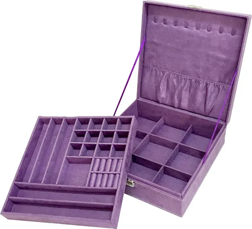 Miniatura 3 de Joyero de dos capas con tela con pelusas, organizador, caja exhibidora para almacenamiento con cerradura
