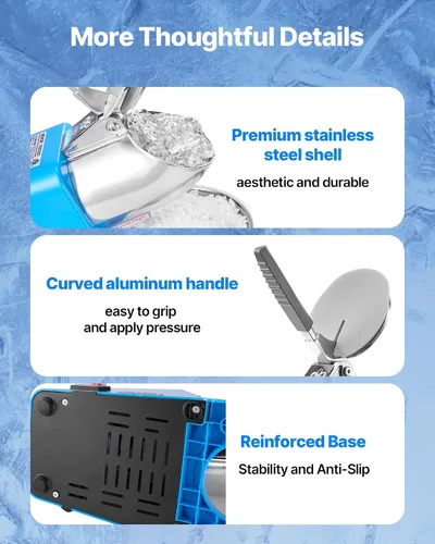 Miniatura 6 de VEVOR Máquina Trituradora de Hielo, 286 libras por hora, Fabricadora Eléctrica de Conos de Nieve de 4 Cuchillas, Máquina de Hielo Raspado de Acero