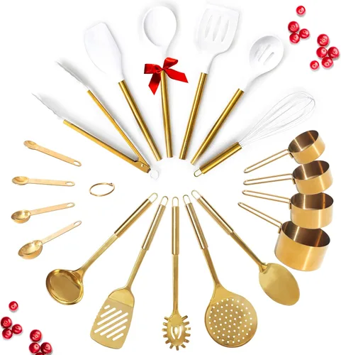 Juego de utensilios de cocina dorados - Juego de 19 piezas incluye utensilios de acero inoxidable dorados, herramientas de silicona blancas, y tazas