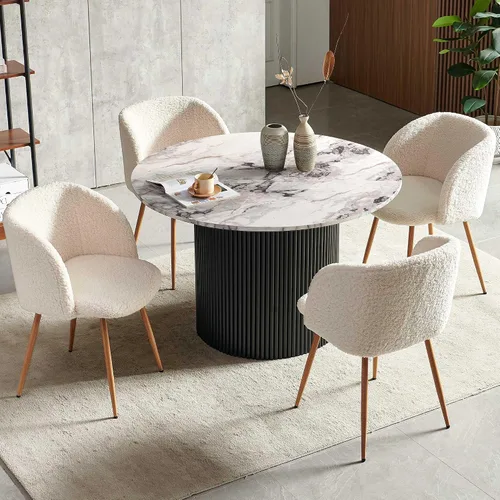 Miniatura 19 de NORDICANA Juego de mesa y sillas de comedor redondo de madera de 5 piezas, mesa de cocina de 47 pulgadas con sillas barril para 4, juego de comedor