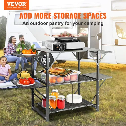 Miniatura 4 de Mesa de cocina de camping VEVOR, estación de cocina plegable de aluminio portátil para exteriores con 4 lados de hierro, 2 estantes y bolsa