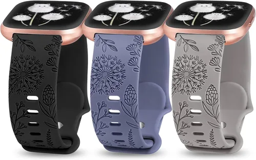 Miniatura 9 de Minyee Paquete de 3 correas grabadas florales compatibles con Fitbit Versa 2/Versa Lite, silicona suave, patrón de flor de diente de león, correa