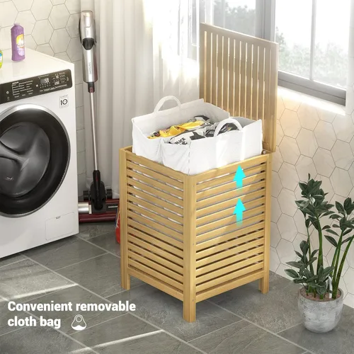 Miniatura 3 de Homykic Cesta de lavandería de bambú con tapa, clasificador grande de ropa de 120L con bolsa de forro de 2 secciones extraíble, organizador de cesta
