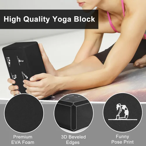 Miniatura 3 de Juego de 2 bloques de yoga y 2 correas de yoga, bloques de espuma EVA antideslizantes, ladrillos de yoga de alta densidad con correa de 6 pies, Negro