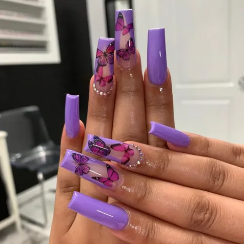 Miniatura 12 de 24 uñas postizas cuadradas de color negro brillante, de cobertura completa, con diseños de notas musicales, uñas postizas acrílicas con pegamento