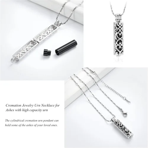 Miniatura 32 de Imrsanl Collar con colgante de urna de cremación con vial de cilindro hueco, urna de recuerdo, joyería de cremación, medallones conmemorativos