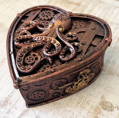 Miniatura 8 de Top Brass Steampunk - Joyero con forma de corazón de pulpo pequeño, decoración gótica ecléctica inusual (cobre rústico)