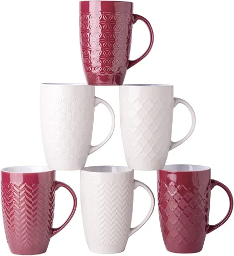 AmorArc Juego de 6 tazas de café grandes de cerámica de 20 onzas con patrones geométricos texturizados para café, té, cerveza, cacao caliente, aptas
