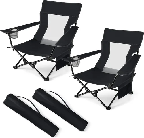 Miniatura 13 de HaSteeL Silla de playa plegable, sillas de camping negras plegables para exteriores, silla de playa baja portátil para adultos, pesca, picnic