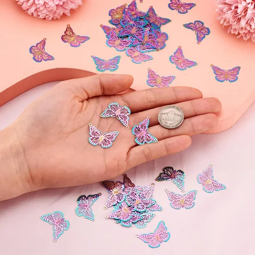 Miniatura 5 de FASHEWELRY 50 piezas de conectores de filigrana de mariposa de acero inoxidable, adornos de metal grabados con arco iris para fabricación de joyas