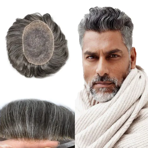 Miniatura 38 de Pieza de pelo tipo tupé para hombres, encaje suizo suave, cabello humano real, tupé para hombres, unidades de cabello con nudo blanqueado, sistema