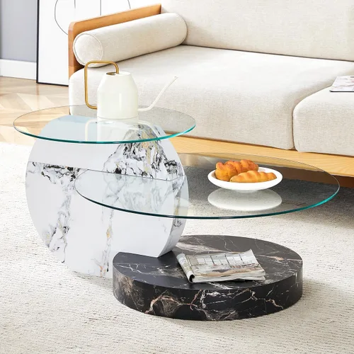 Mesa de café de 35" de vidrio ｜ Mesa de café redonda ｜ Diseño de 3 niveles con superficie de vidrio templado ｜ Base de madera en color negro y