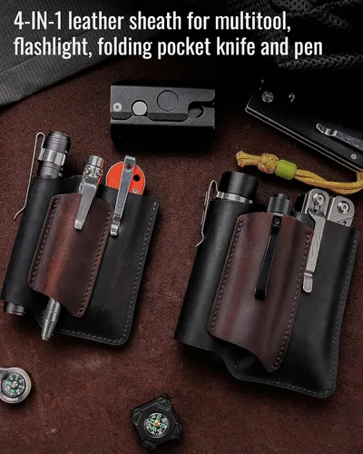 Miniatura 2 de VIPERAED PJ38 Funda multiherramienta de cuero para hombres, 4 en 1, organizador de bolsillo EDC para cuchillo de bolsillo, linterna multiherramienta