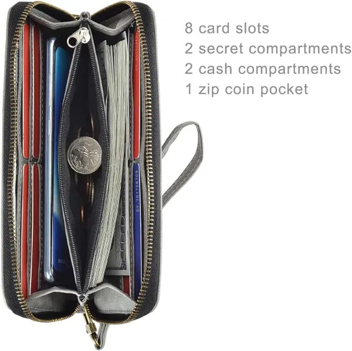 Miniatura 5 de HAWEE Cartera larga de cuero con cremallera para teléfono celular, tarjetero, monedero