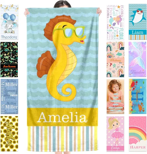 Miniatura 15 de Toalla de playa personalizada para niños, toallas de playa personalizadas de poliéster de secado rápido con nombres para niñas y niños, 30 x 60