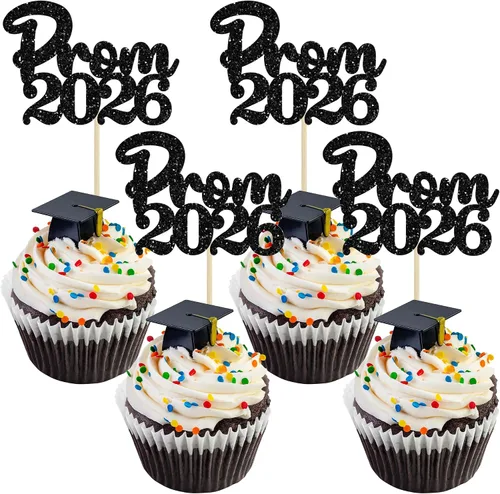 Gyufise 24 piezas de decoración para cupcakes con purpurina para graduación 2026, decoración de pasteles para graduación 2026, decoración de Negro