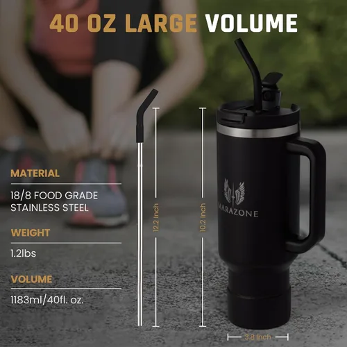 Miniatura 4 de MARAZONE Vaso aislado de 40 onzas con asa y pajilla – Taza de acero inoxidable de doble pared al vacío que cabe en portavasos de automóvil, taza