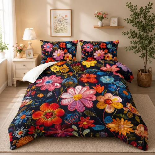 Miniatura 37 de Juego de edredón floral colorido de 3 piezas, juego de ropa de cama botánica bohemia tamaño queen, diseño boho de granja con flores y hojas impresas