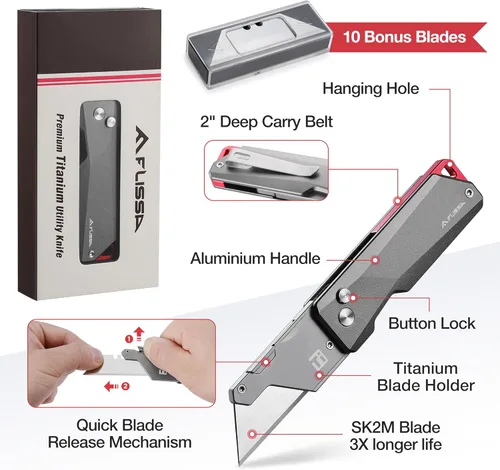Miniatura 6 de FLISSA Cuchillo Utilitario Avanzado de Titanio, CNC de Cuerpo Único, Cortador de Caja Plegable de Metal Ligero, Cuchillo de Afeitar de Cambio Rápido