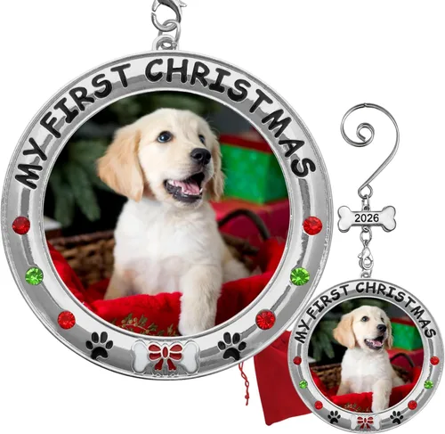 My First Christmas - Adorno personalizado para foto de perro – 2025 con fecha – Adorno personalizado para cachorro – Joyas, dije de hueso fechado y