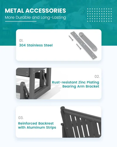 Miniatura 5 de SERWALL Silla Mecedora Deslizante para Exteriores, HDPE Resistente a Todo Clima, Sofá Biplaza para 2 Personas, Banco Mecedor para Exteriores con Gris