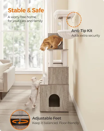 Miniatura 9 de Feandrea Árbol para gatos con recinto para caja de arena, torre para gatos moderna 2 en 1, condominio para gatos de 70.8 pulgadas de alto con postes