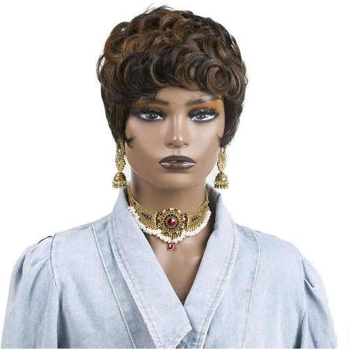 Miniatura 2 de Pelucas cortas de corte Pixie para mujeres negras, pelucas de corte Pixie con flequillo, negro mezclado con marrón, pelucas rizadas cortas