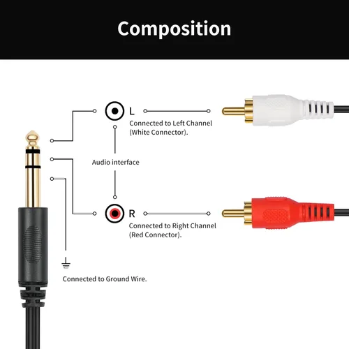 Miniatura 4 de Conector estéreo TRS macho chapado en oro de 0.250 in 1/4 pulgadas a 2 RCA Phono macho Audio Y Splitter Cable, conector de cable (4.9 ft)