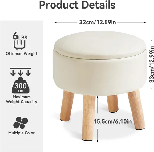 Miniatura 3 de IBUYKE Taburete otomano de 13 pulgadas con almacenamiento, reposapiés pequeño redondo con asiento acolchado y patas de madera, mini reposapiés