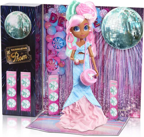 Miniatura 2 de Hairdorables Just Play - Muñecas de moda perfectas para baile de graduación, Dee Dee, cabello rosa y verde, juguetes para niños a partir de 3 años