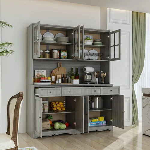 Miniatura 3 de AIEGLE Armario grande de cocina, armario de almacenamiento con puertas de vidrio, cajones y encimera, gabinete de almacenamiento de despensa