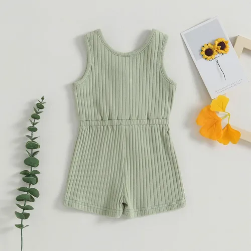Miniatura 3 de TheFound Mameluco de verano para niña pequeña, ropa acanalada, overol con botones, 0-5T