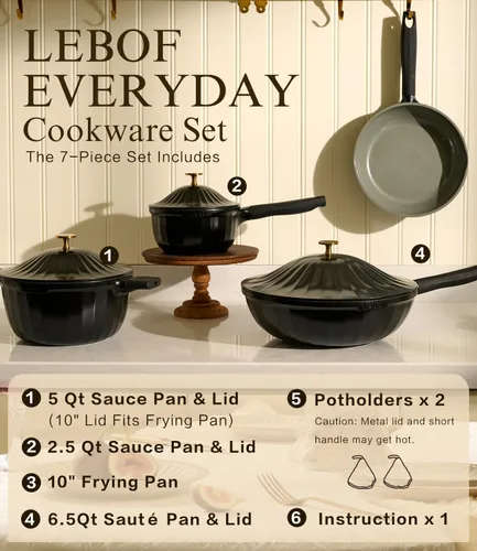 Miniatura 7 de Juego de utensilios de cocina de cerámica antiadherente (7 piezas) – Juego de ollas y sartenes de aluminio fundido con titanio con tapas, no tóxico