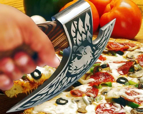 Miniatura 7 de SHINY CRAFTS® Hacha cortadora de pizza vikinga, hoja de acero al carbono con grabado y funda negra, auténtico regalo medieval para él, hacha Sca-027