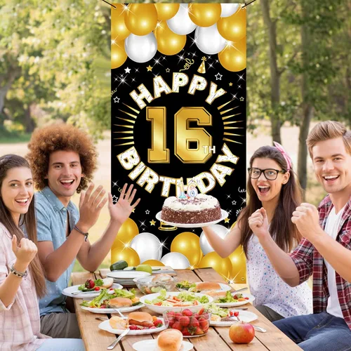 Miniatura 2 de Decoraciones de feliz cumpleaños número 16 para niños y niñas, pancarta de tela para cumpleaños de 16 años, suministros de fiesta de dieciséis años