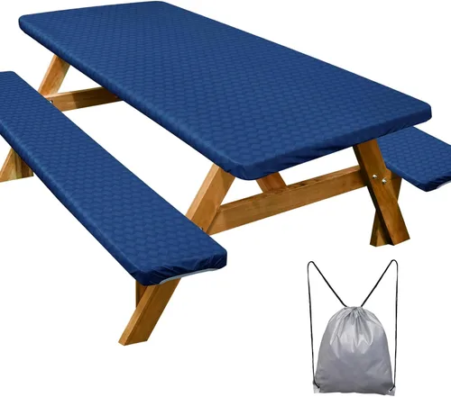 Miniatura 8 de Funda de mesa de picnic con fundas para bancos Esenciales de camping Mantel de picnic impermeable y a prueba de viento con bolsa de cordón, funda