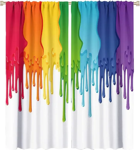 Miniatura 87 de Cortinas opacas abstractas de arco iris, pintura de color arcoíris con gotas, diseño gráfico creativo con bolsillo para barra, para sala de estar