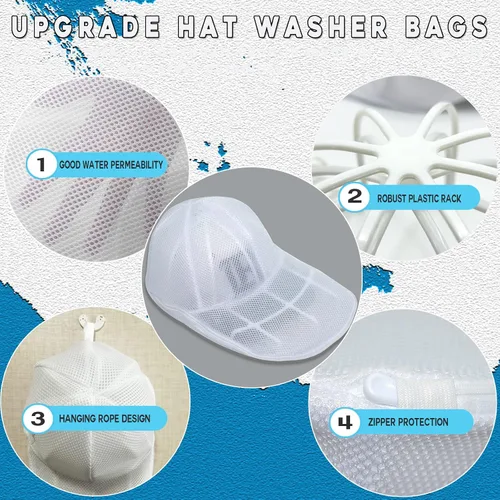 Miniatura 2 de Paquete de 3 arandelas de sombreros para lavadora, jaula de sombreros para lavar, bolsas de lavado de ropa para gorras de béisbol, limpiador