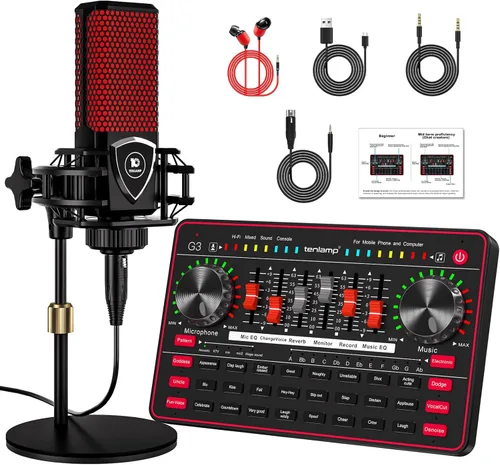 Paquete de micrófono de podcast con mezclador de audio de placa de sonido en vivo, equipo de podcast con micrófono de condensador de 3.5mm para