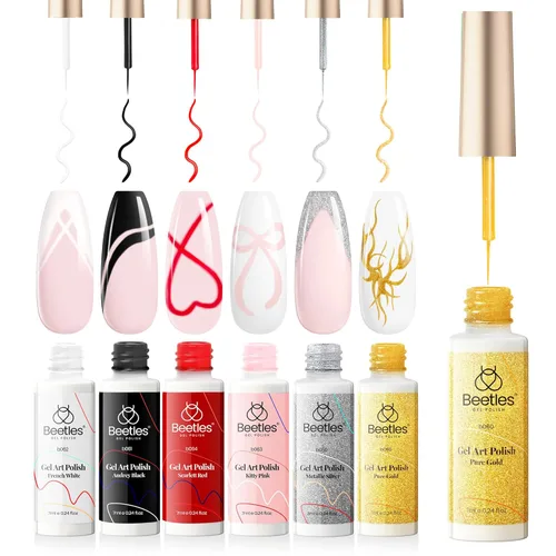 Miniatura 11 de Beetles - Juego de esmalte de uñas de gel con líneas de arte, esmalte de uñas de gel en blanco, oro y rojo con purpurina, punta francesa neón, uñas