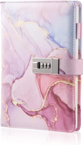 Miniatura 9 de Diario de mármol con cerradura para niñas y mujeres, diario de cuero A5 con cerradura para adolescentes, cuadernos secretos con bloqueo